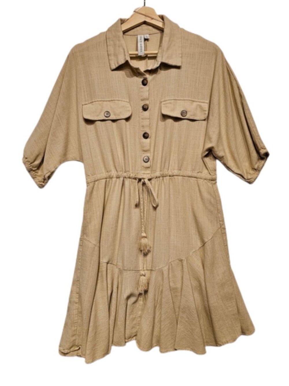 Grace + Karma Linen Blend Shirt Dress Size L Tie Waist Utility Boho Mini Dress